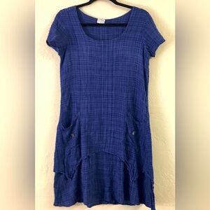 Color Me Cotton CMC Dress Small Blue Relaxed Lagenlook Gauzy Artsy Boho Pockets